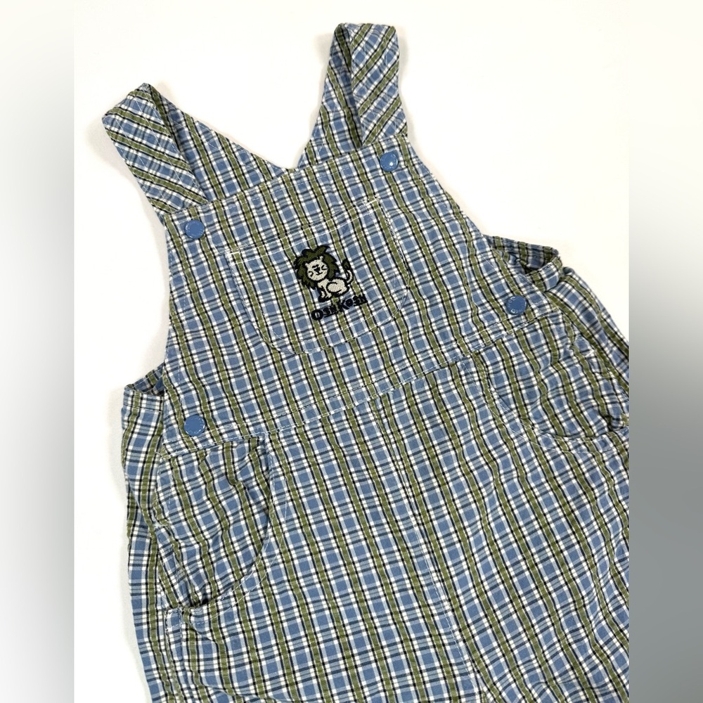 VINTAGE OSHKOSH Boys Plaid Overalls 6-9m Lion Embroidered 90s Y2K Cottagecore - Picture 8 of 13